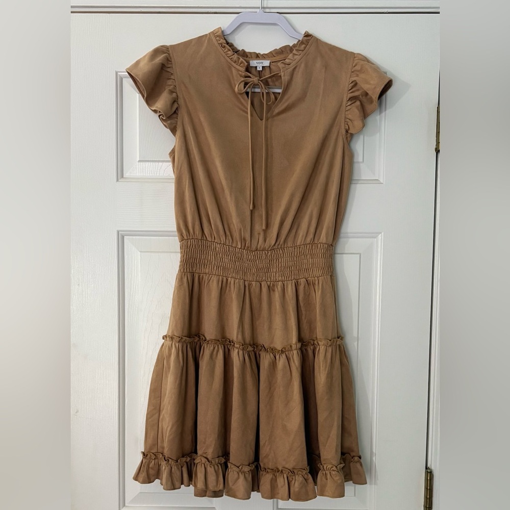 VOY Faux Suede Smocked Tiered Dress | S | Boho Western